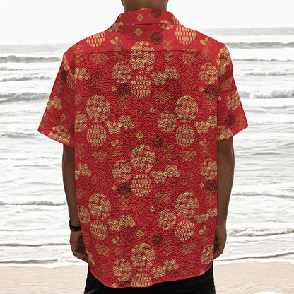 Red Japanese Pattern Print Textured Short Sleeve Shirt