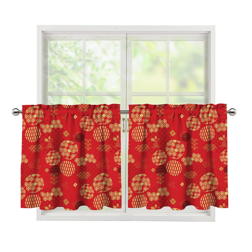 Red Japanese Pattern Print Tier Curtains