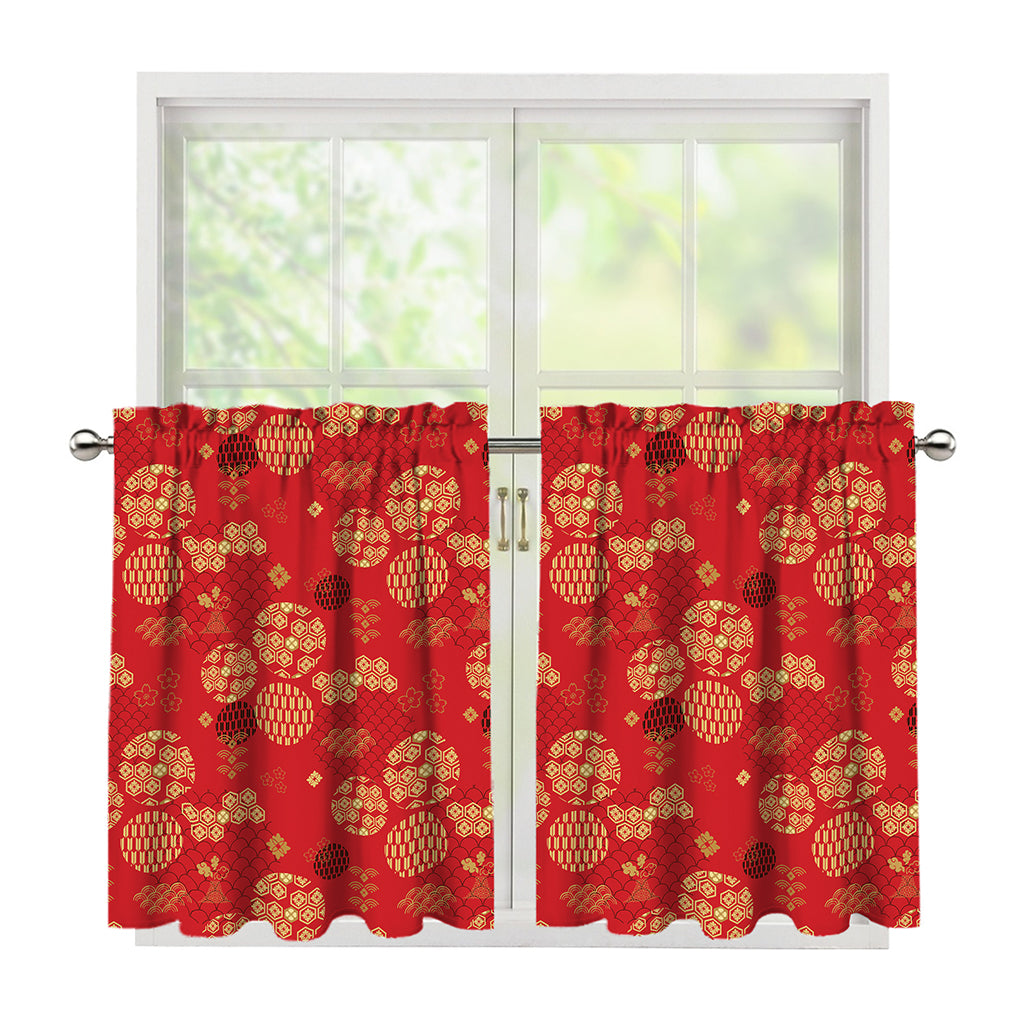 Red Japanese Pattern Print Tier Curtains