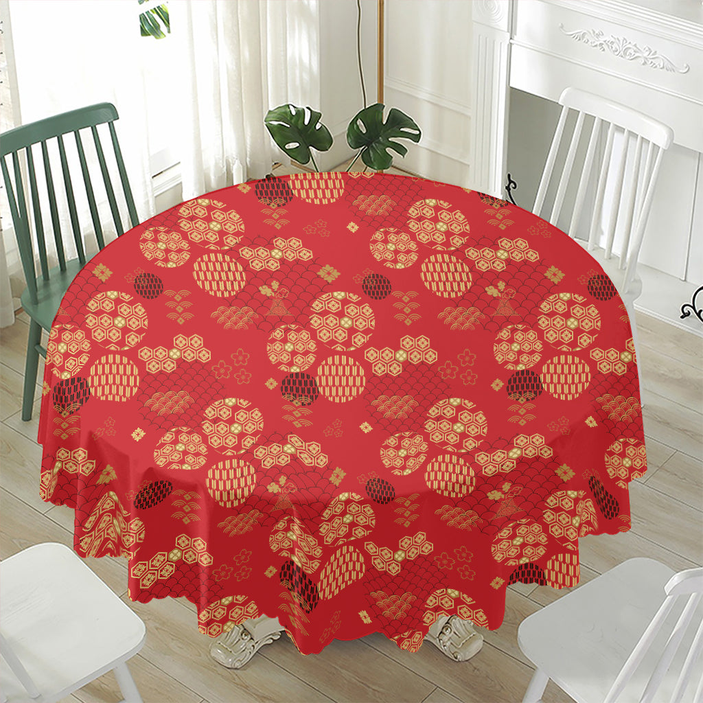Red Japanese Pattern Print Waterproof Round Tablecloth