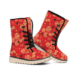 Red Japanese Pattern Print Winter Boots