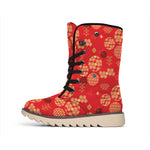 Red Japanese Pattern Print Winter Boots