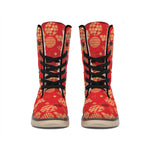 Red Japanese Pattern Print Winter Boots