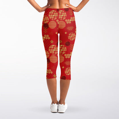 Red Japanese Pattern Print Women's Capri Leggings