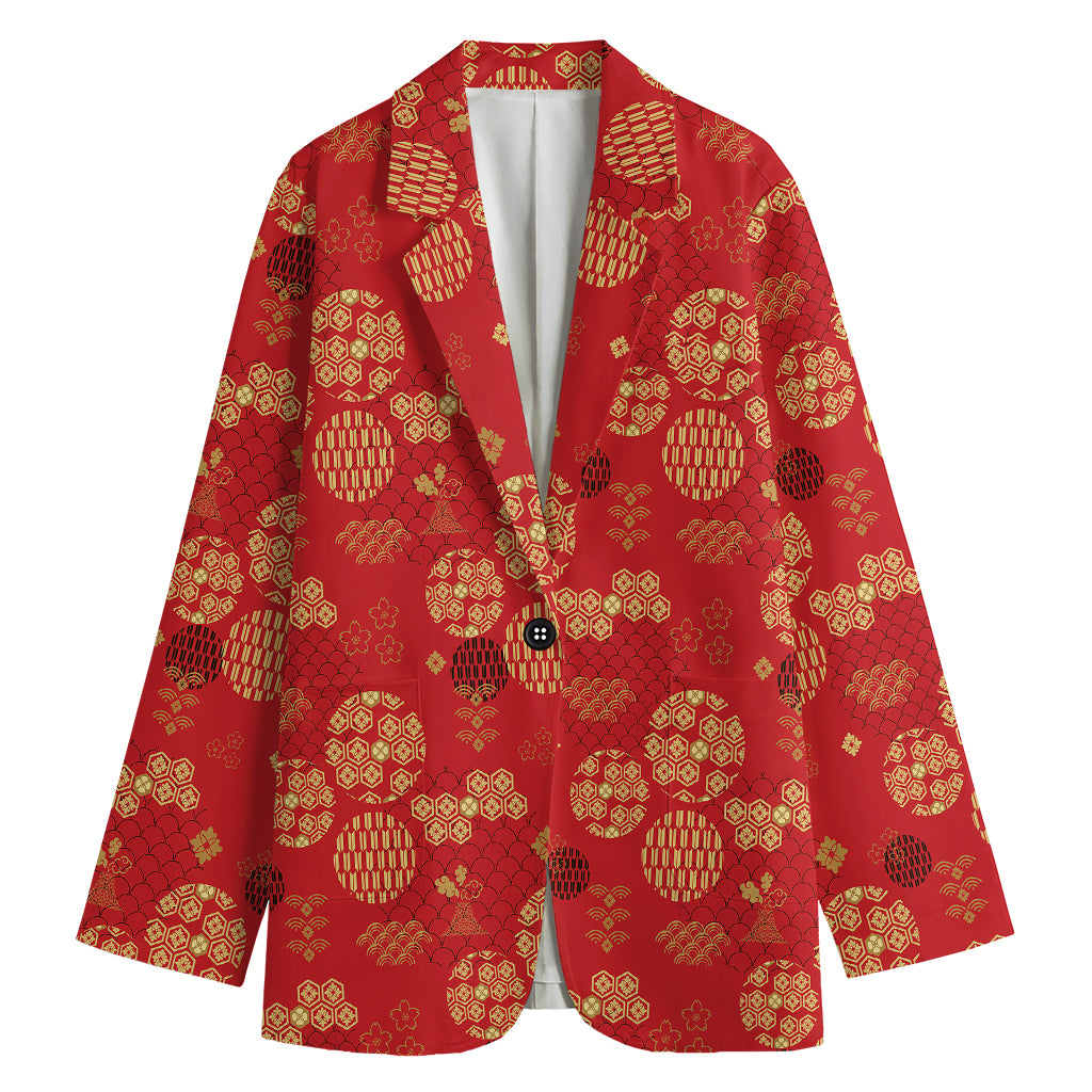 Red Japanese Pattern Print Women's Cotton Blazer