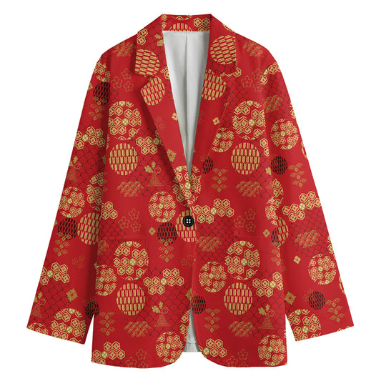 Red Japanese Pattern Print Women's Cotton Blazer