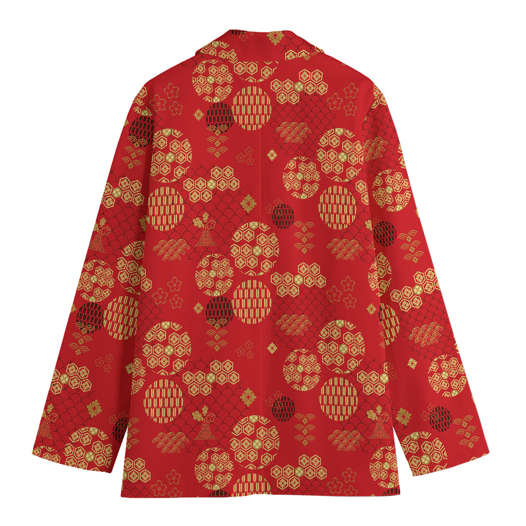 Red Japanese Pattern Print Women's Cotton Blazer