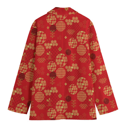 Red Japanese Pattern Print Women's Cotton Blazer