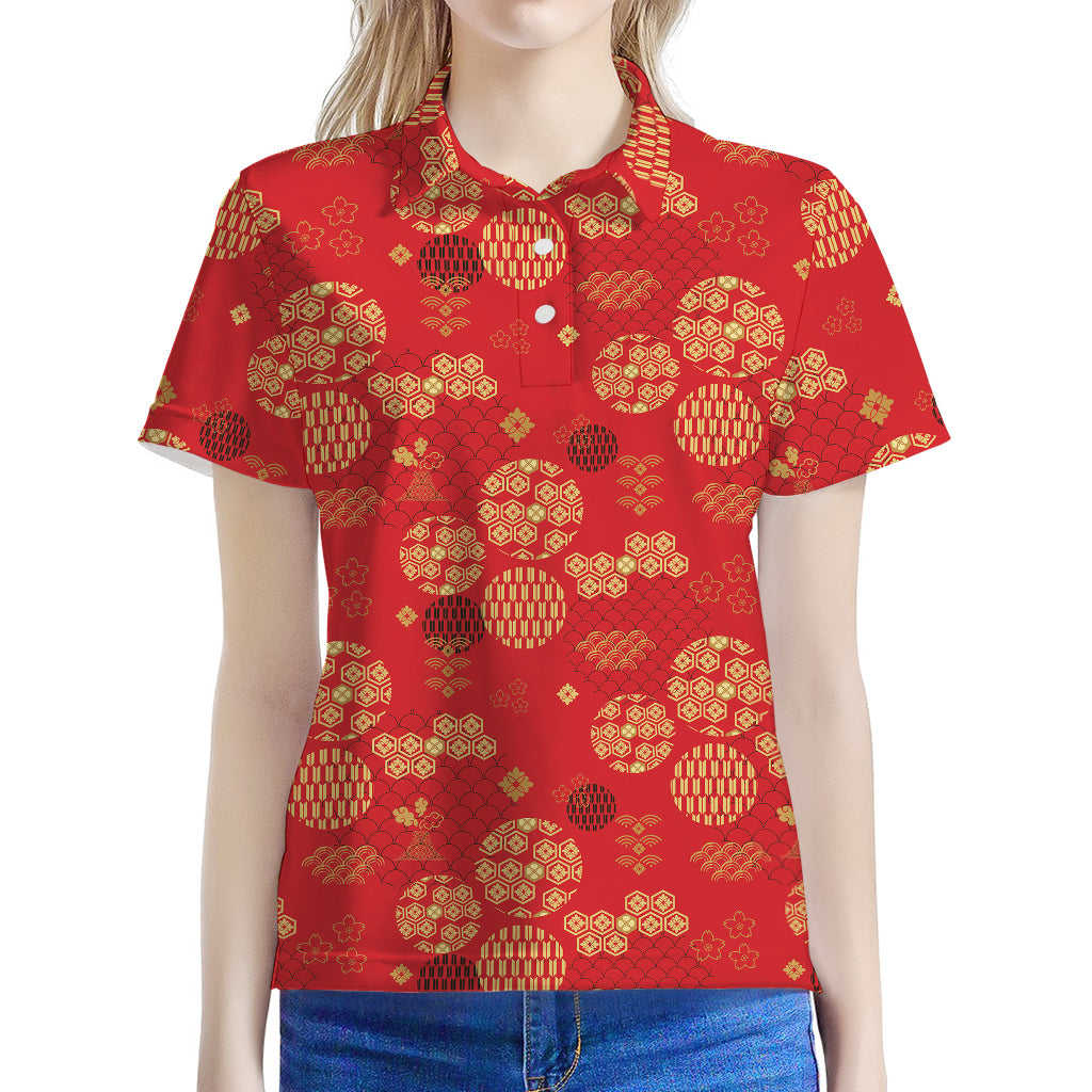 Red Japanese Pattern Print Women's Polo Shirt