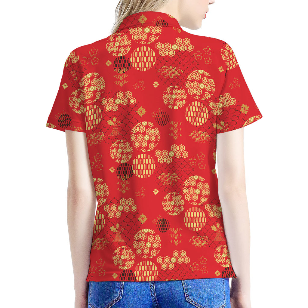 Red Japanese Pattern Print Women's Polo Shirt