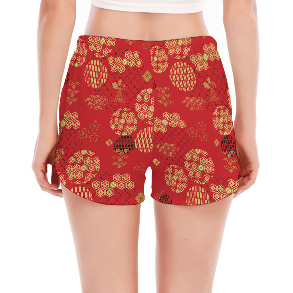 Red Japanese Pattern Print Women's Split Running Shorts