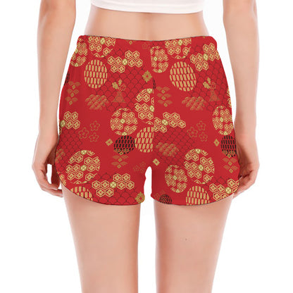 Red Japanese Pattern Print Women's Split Running Shorts