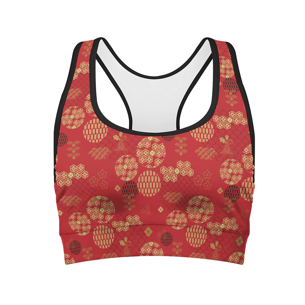 Red Japanese Pattern Print Women's Sports Bra