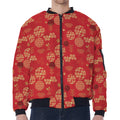 Red Japanese Pattern Print Zip Sleeve Bomber Jacket