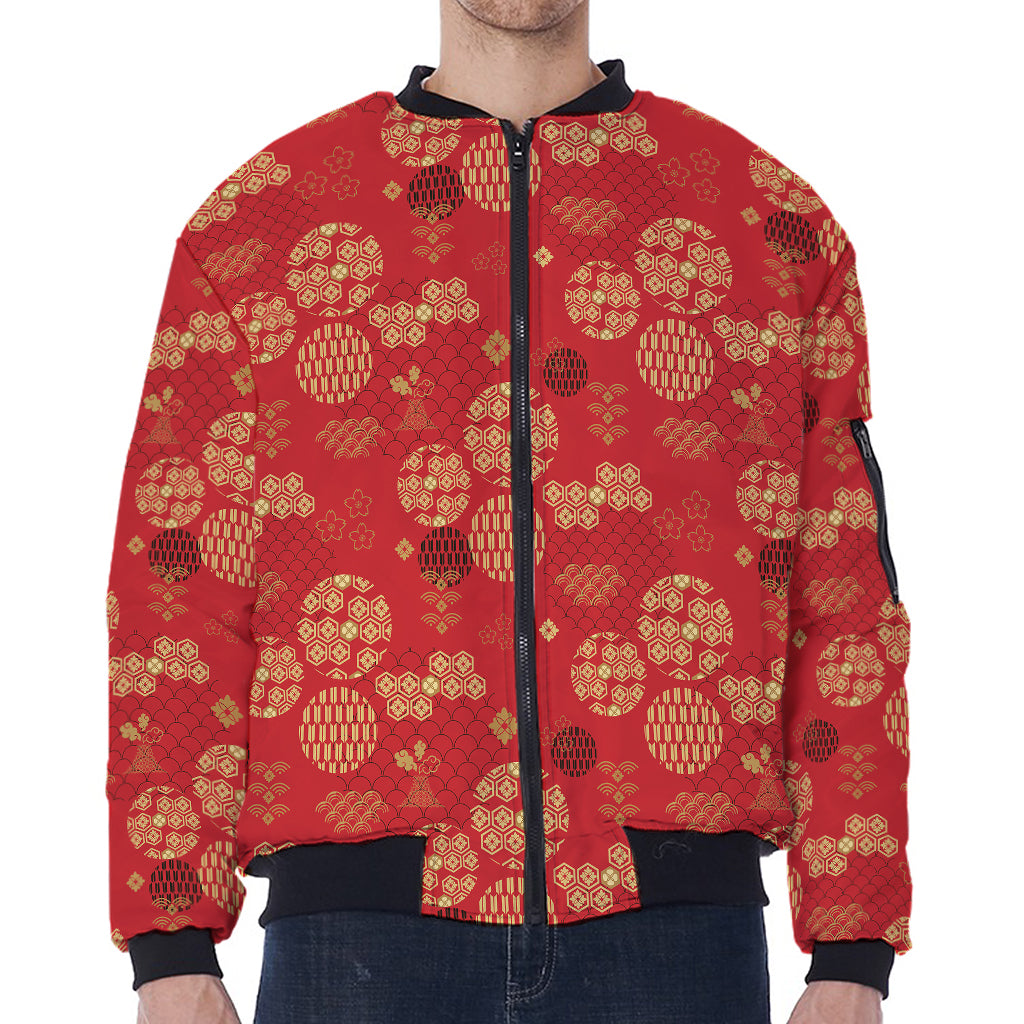 Red Japanese Pattern Print Zip Sleeve Bomber Jacket