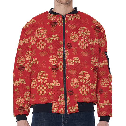 Red Japanese Pattern Print Zip Sleeve Bomber Jacket