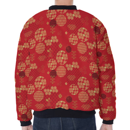 Red Japanese Pattern Print Zip Sleeve Bomber Jacket