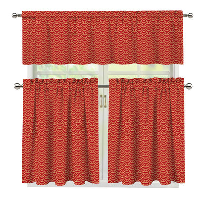 Red Japanese Wave Pattern Print 3 Piece Kitchen Curtains