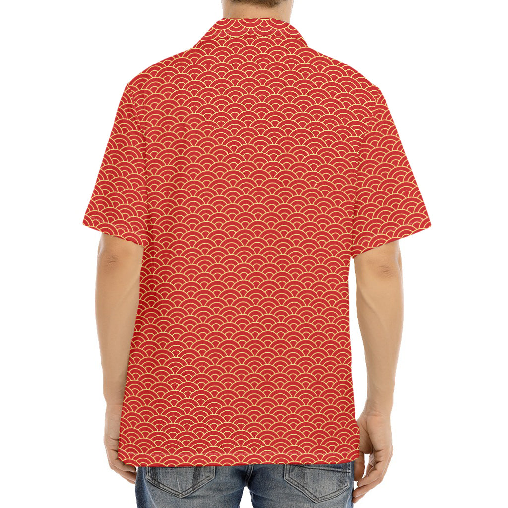 Red Japanese Wave Pattern Print Aloha Shirt