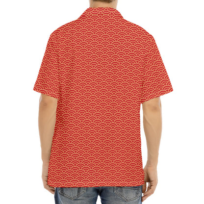 Red Japanese Wave Pattern Print Aloha Shirt