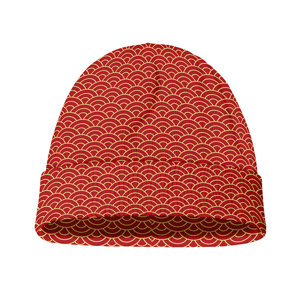 Red Japanese Wave Pattern Print Beanie
