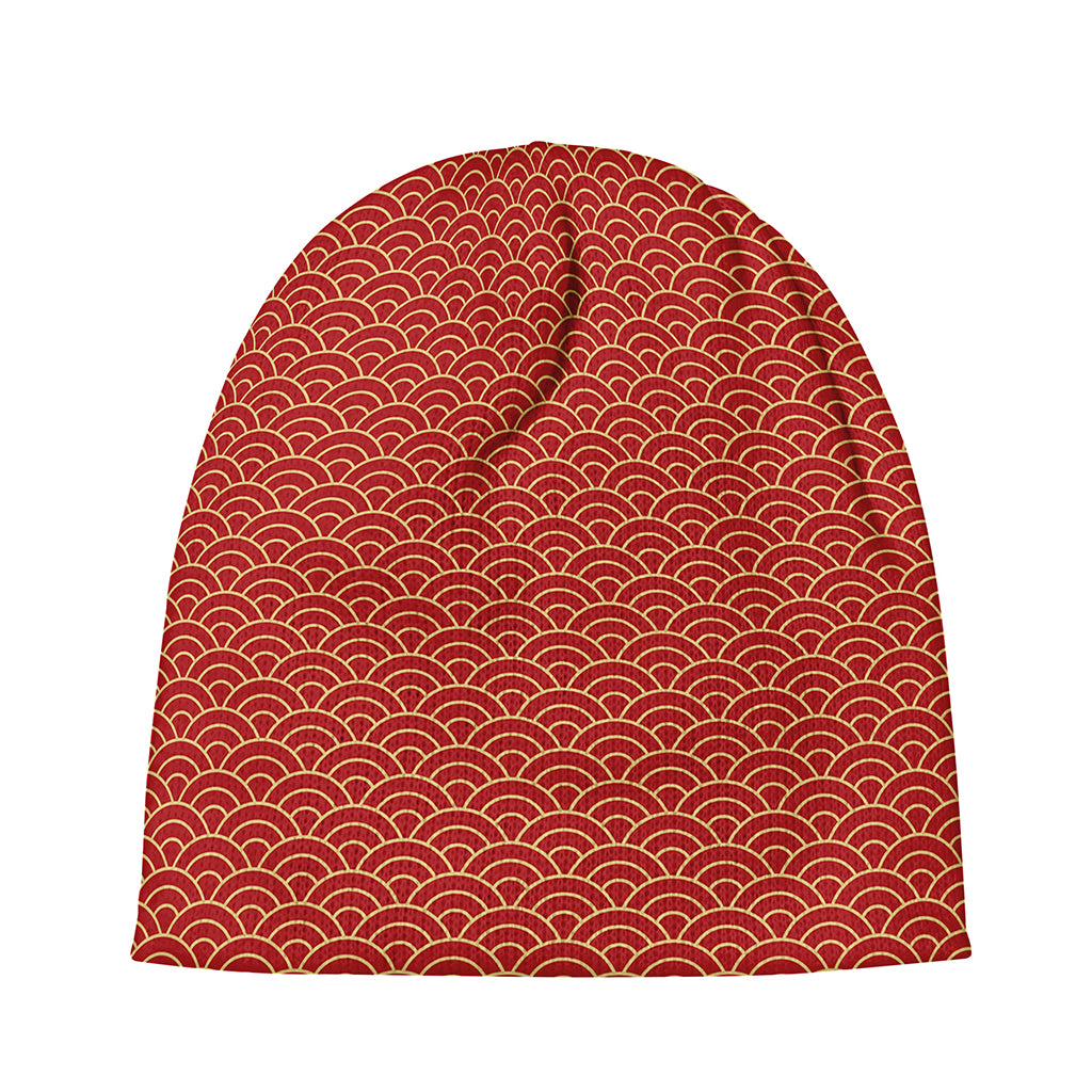 Red Japanese Wave Pattern Print Beanie