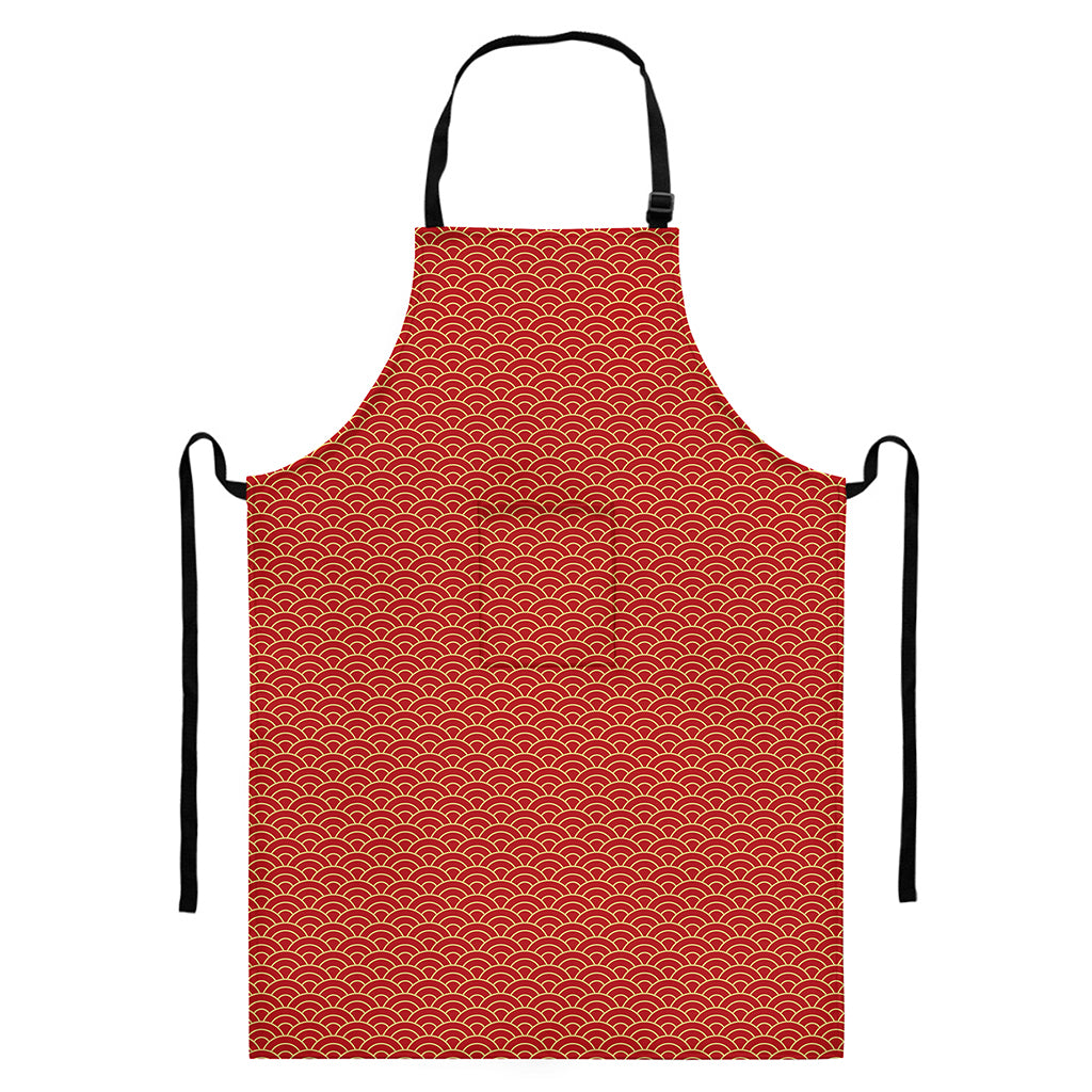 Red Japanese Wave Pattern Print Bib Apron With Pocket