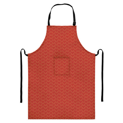 Red Japanese Wave Pattern Print Bib Apron With Pocket