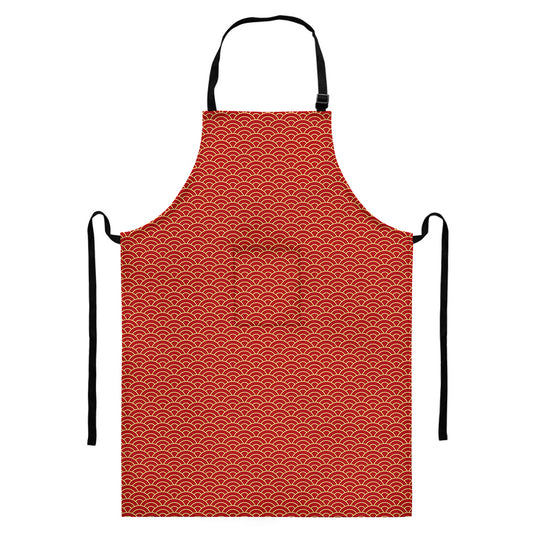 Red Japanese Wave Pattern Print Bib Apron With Pocket