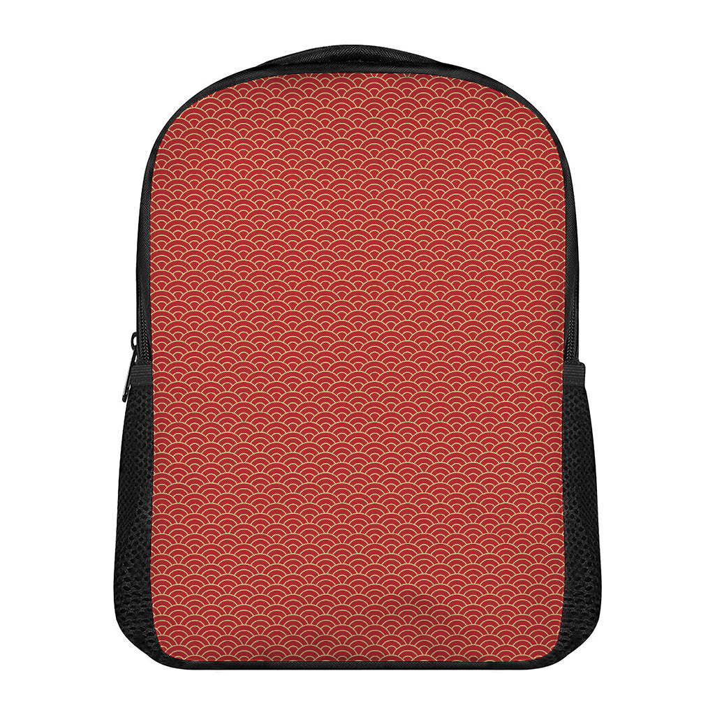 Red Japanese Wave Pattern Print Casual Backpack