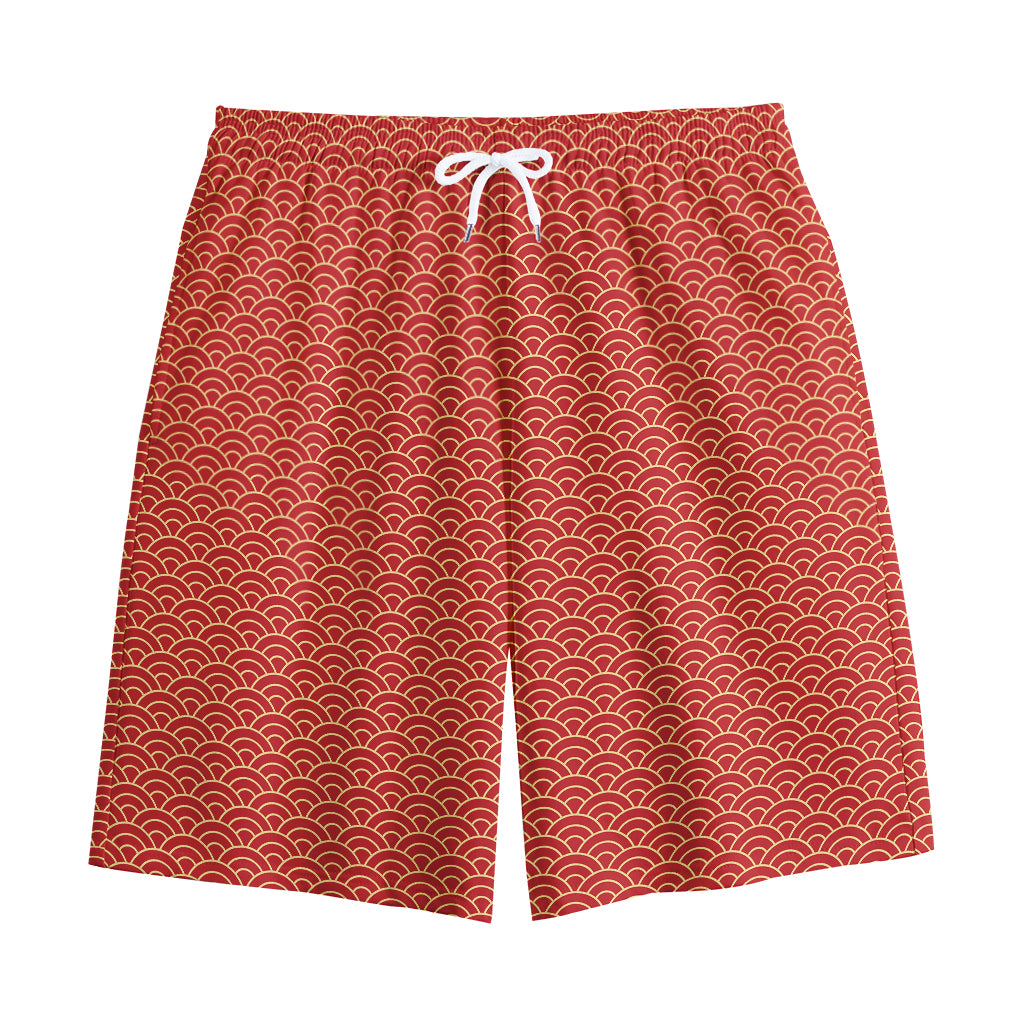 Red Japanese Wave Pattern Print Cotton Shorts