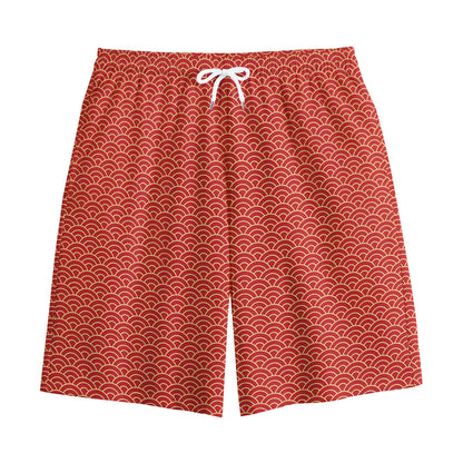 Red Japanese Wave Pattern Print Cotton Shorts