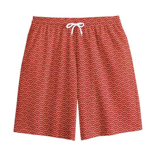 Red Japanese Wave Pattern Print Cotton Shorts