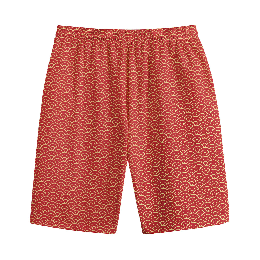 Red Japanese Wave Pattern Print Cotton Shorts
