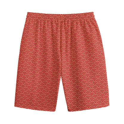 Red Japanese Wave Pattern Print Cotton Shorts