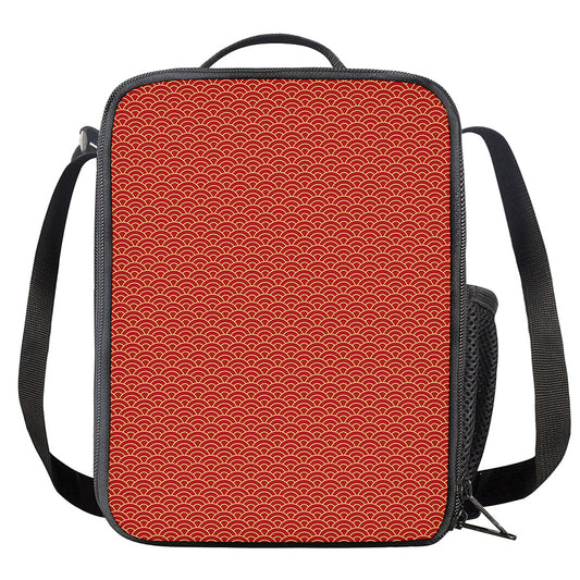 Red Japanese Wave Pattern Print Crossbody Lunch Bag