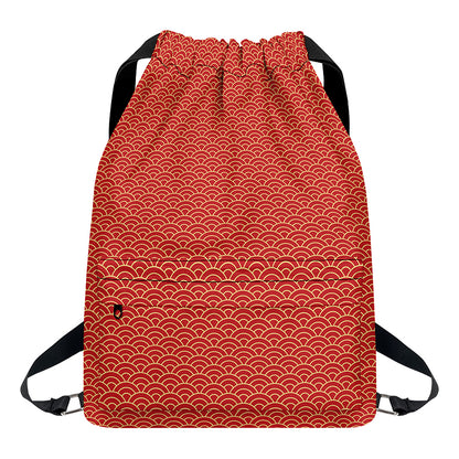 Red Japanese Wave Pattern Print Drawstring Backpack