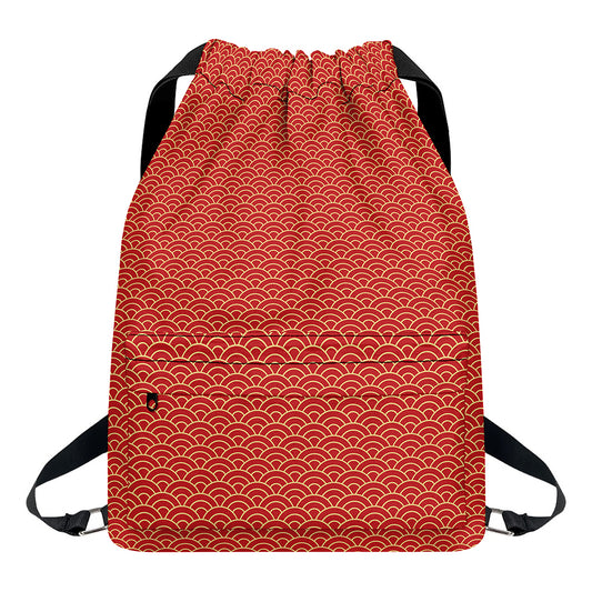 Red Japanese Wave Pattern Print Drawstring Backpack