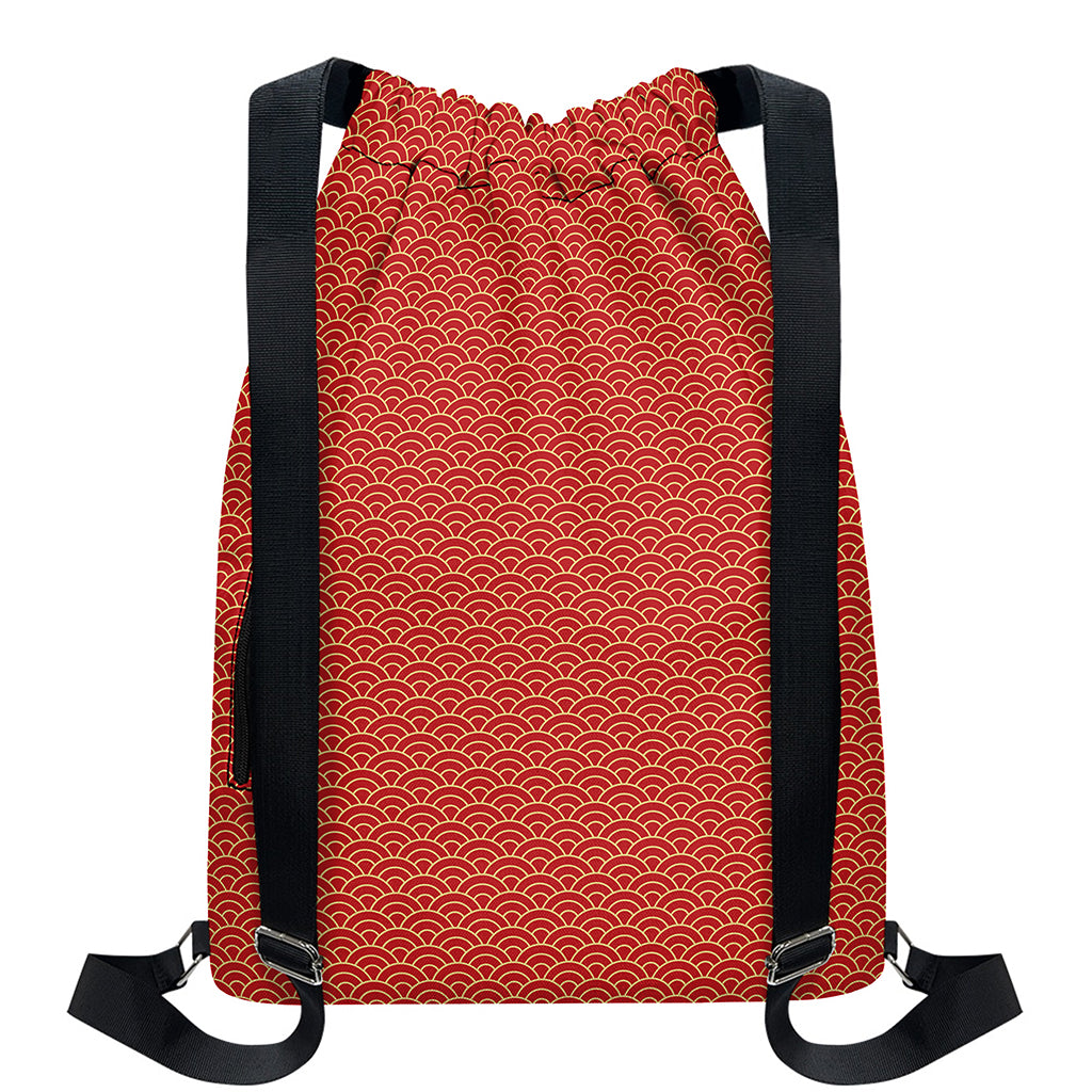 Red Japanese Wave Pattern Print Drawstring Backpack