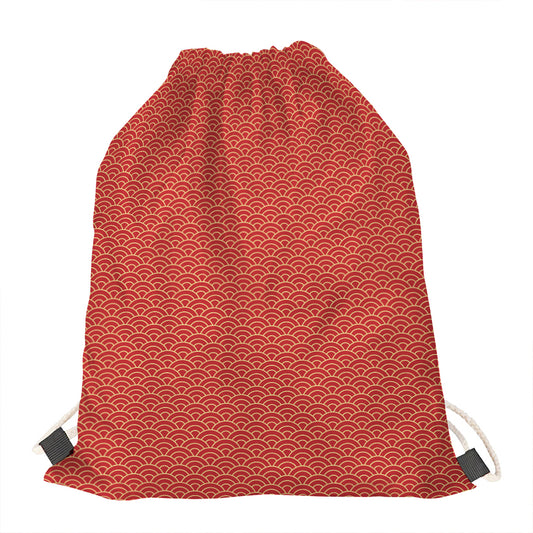 Red Japanese Wave Pattern Print Drawstring Bag