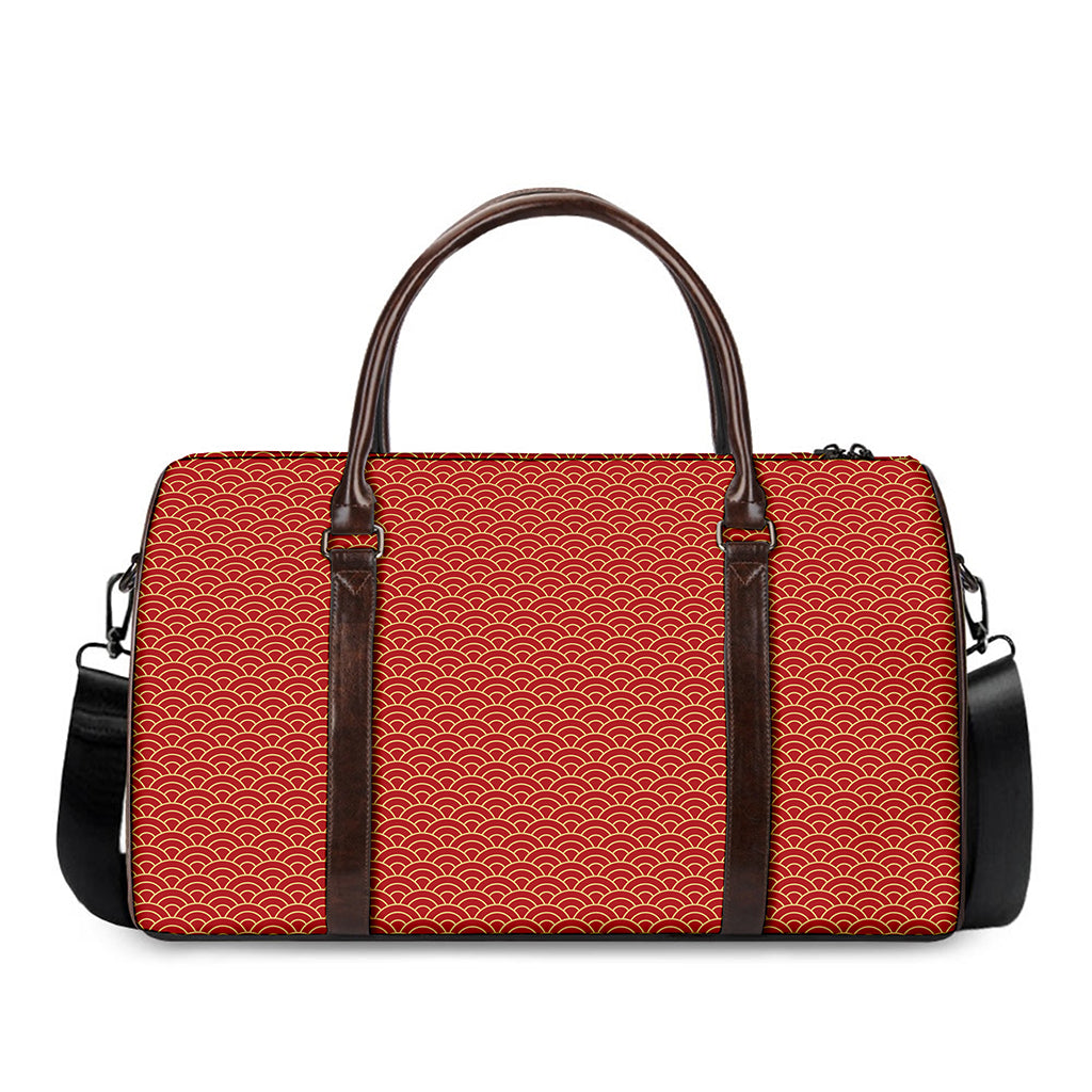 Red Japanese Wave Pattern Print Duffle Bag