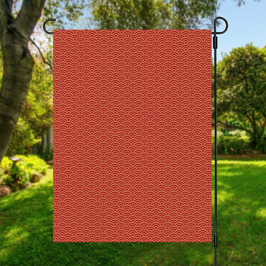 Red Japanese Wave Pattern Print Garden Flag