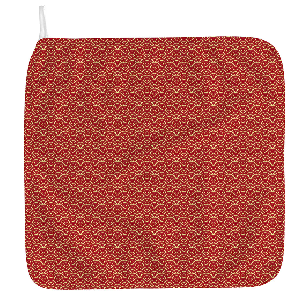 Red Japanese Wave Pattern Print Hand Towel