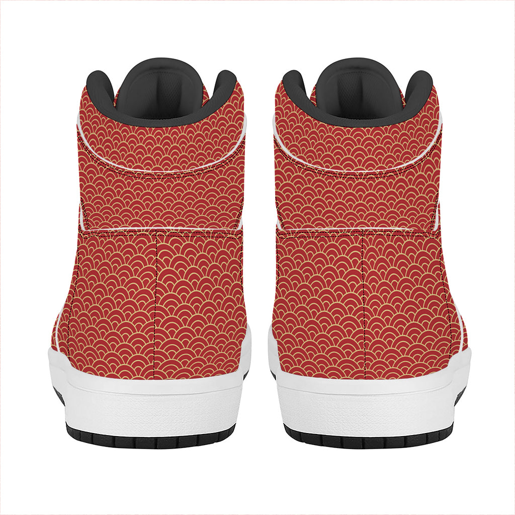 Red Japanese Wave Pattern Print High Top Leather Sneakers