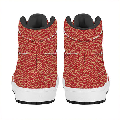 Red Japanese Wave Pattern Print High Top Leather Sneakers