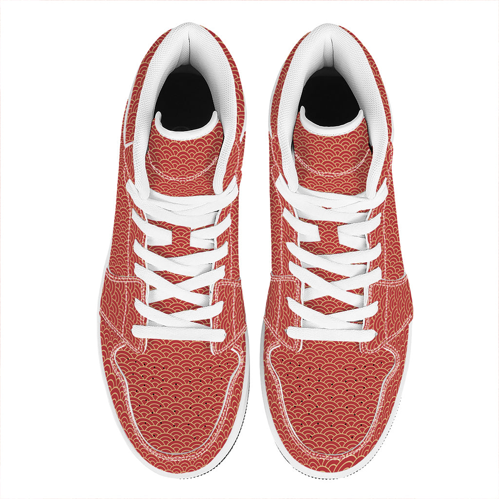 Red Japanese Wave Pattern Print High Top Leather Sneakers