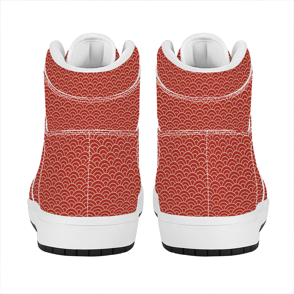 Red Japanese Wave Pattern Print High Top Leather Sneakers