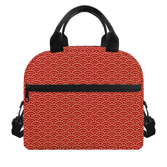 Red Japanese Wave Pattern Print Insulated Lunch Bag
