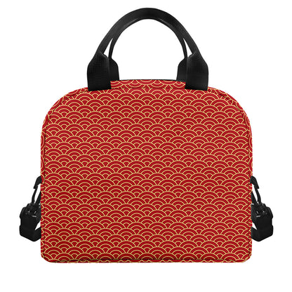 Red Japanese Wave Pattern Print Insulated Lunch Bag