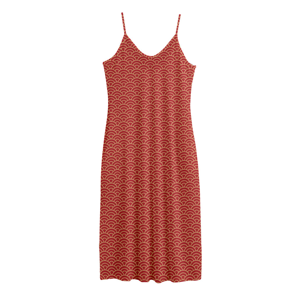 Red Japanese Wave Pattern Print Jersey Midi Cami Dress